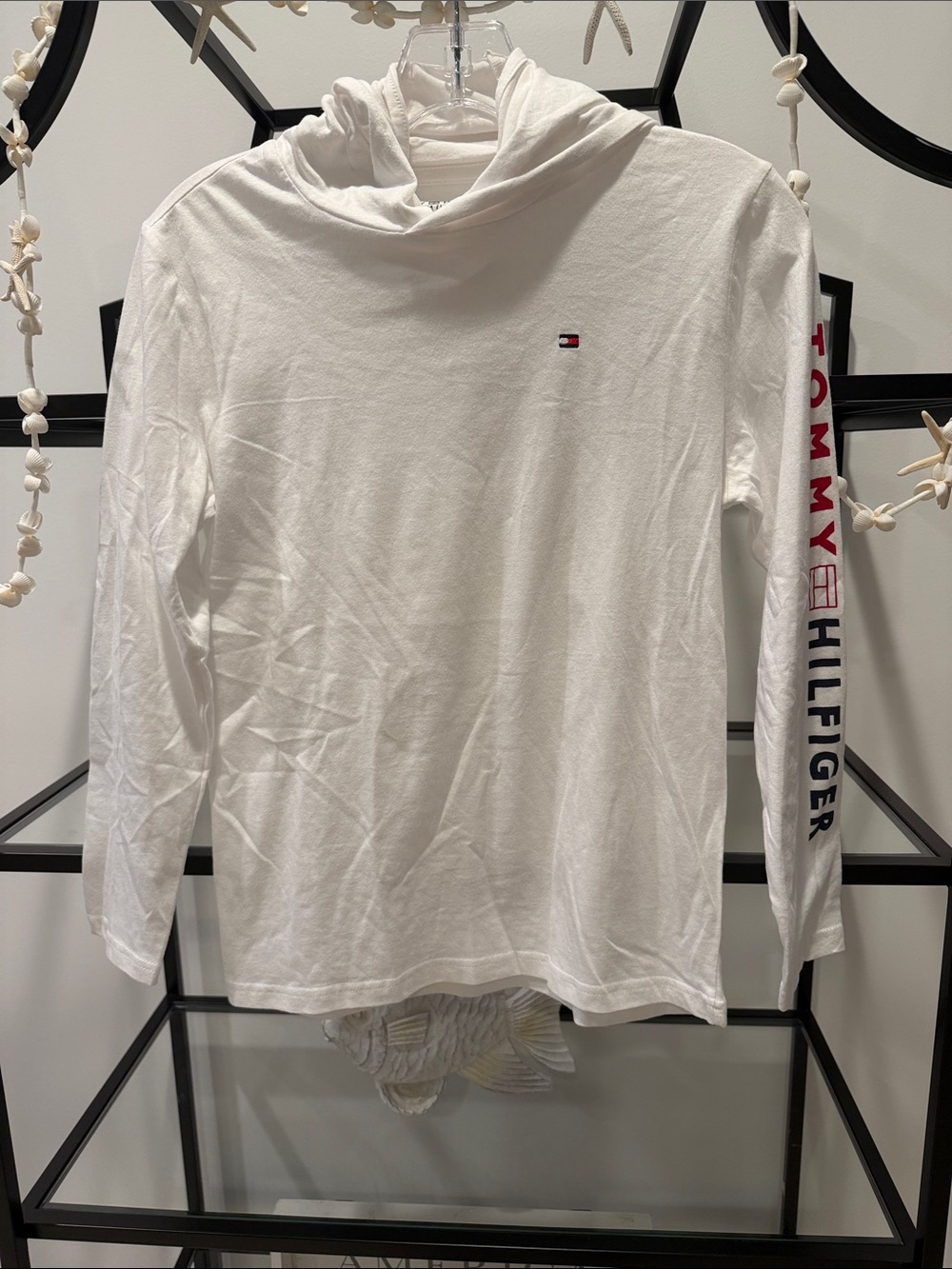 Tommy Hilfiger White Long Sleeve Hooded Tee with Sleeve Logo